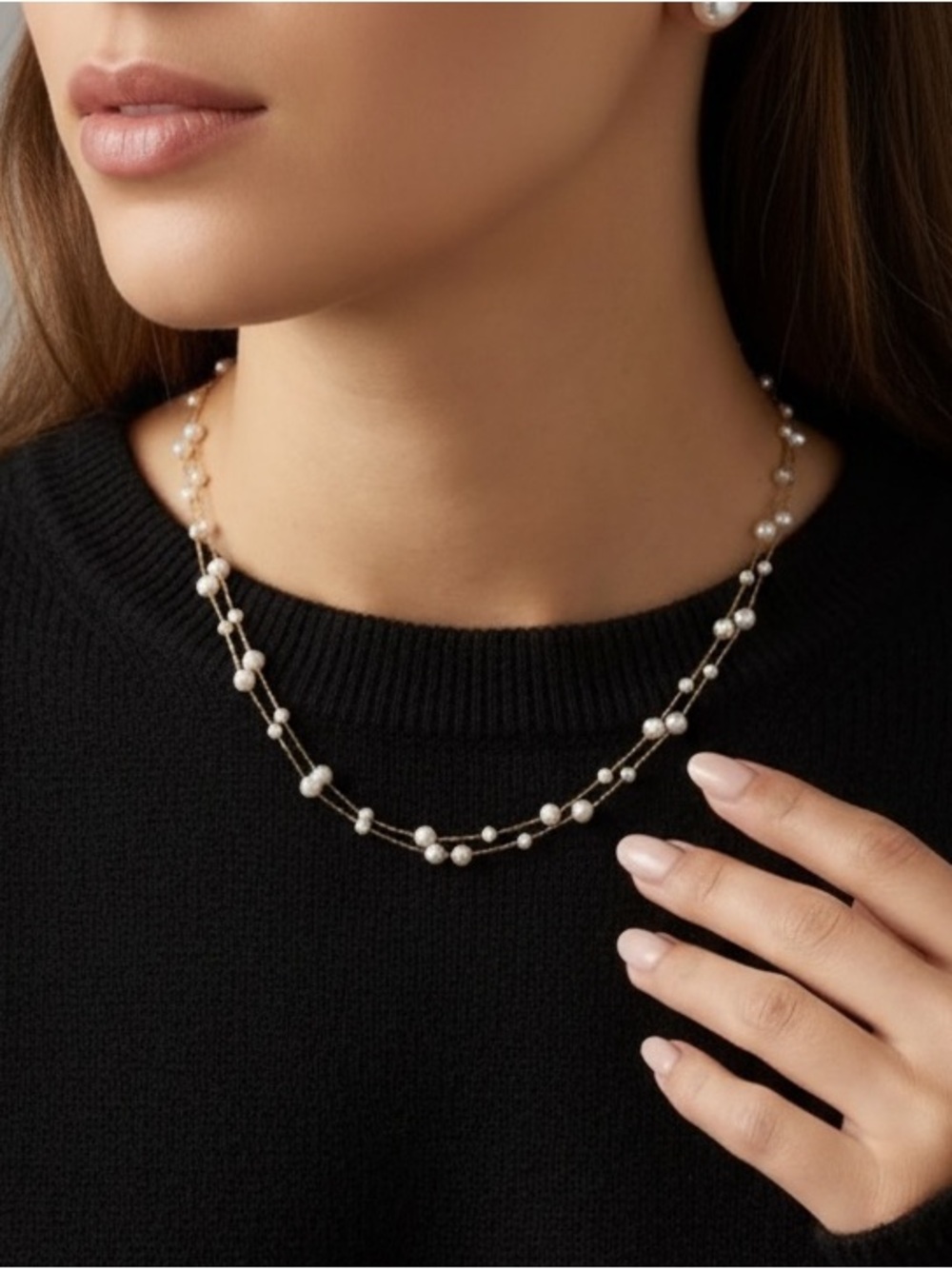 18k Gold Plated Double Strand Pearl Station Necklace . New.